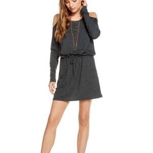 Chaser Long Sleeve Cold Shoulder Drawstring Mini Dress in Charcoal - M